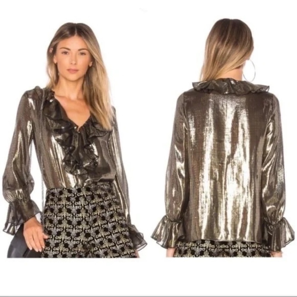 ALICE + OLIVIA Elliot Ruffle Blouse Metallic Gold Ruffle Top - Picture 6 of 12